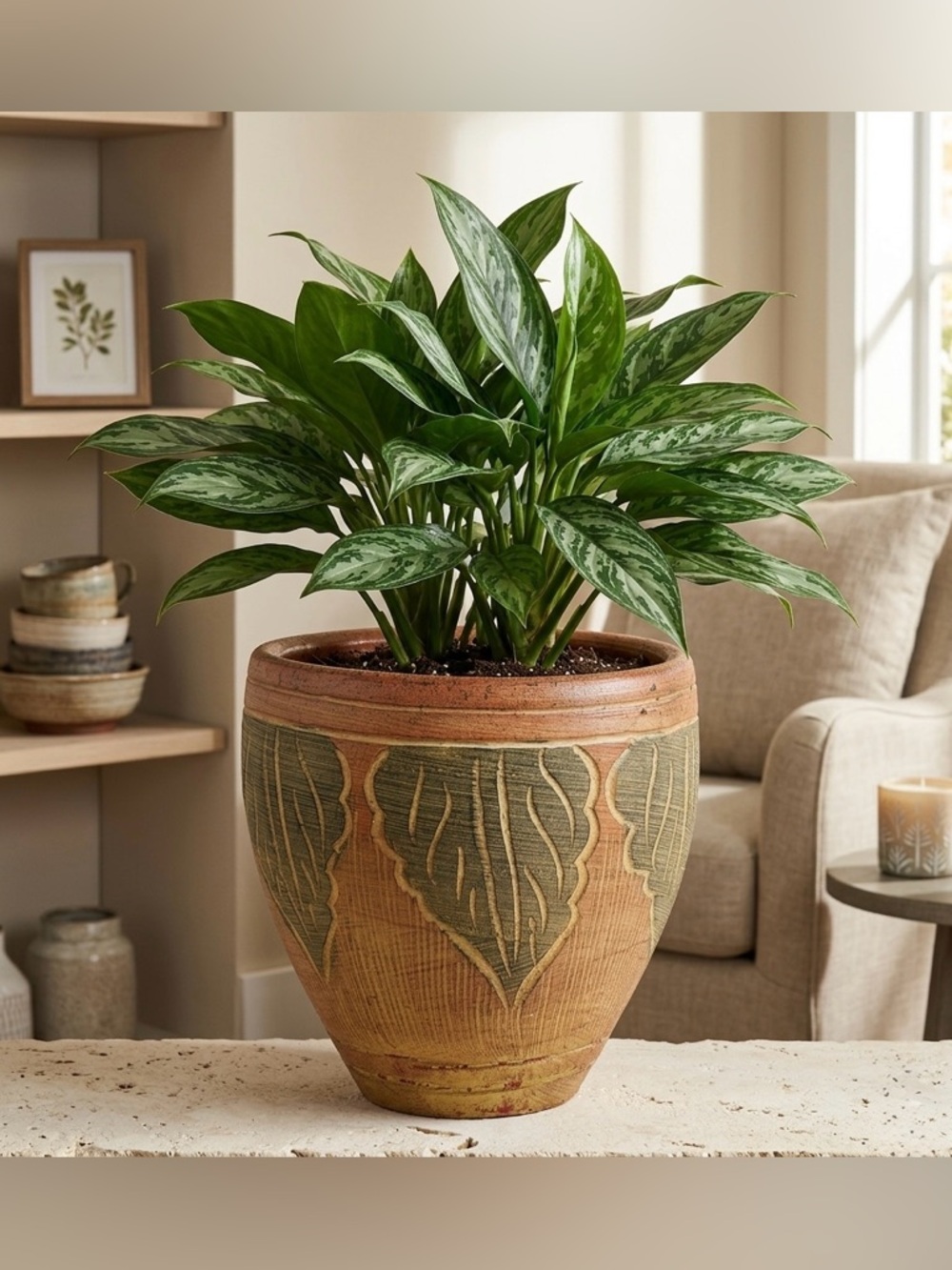Handcrafted Terracotta Planter with Etched Leaf Design,Decorative Clay Pot